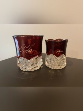 Vintage Ruby Red & Clear Cut Glass Cups, 1914